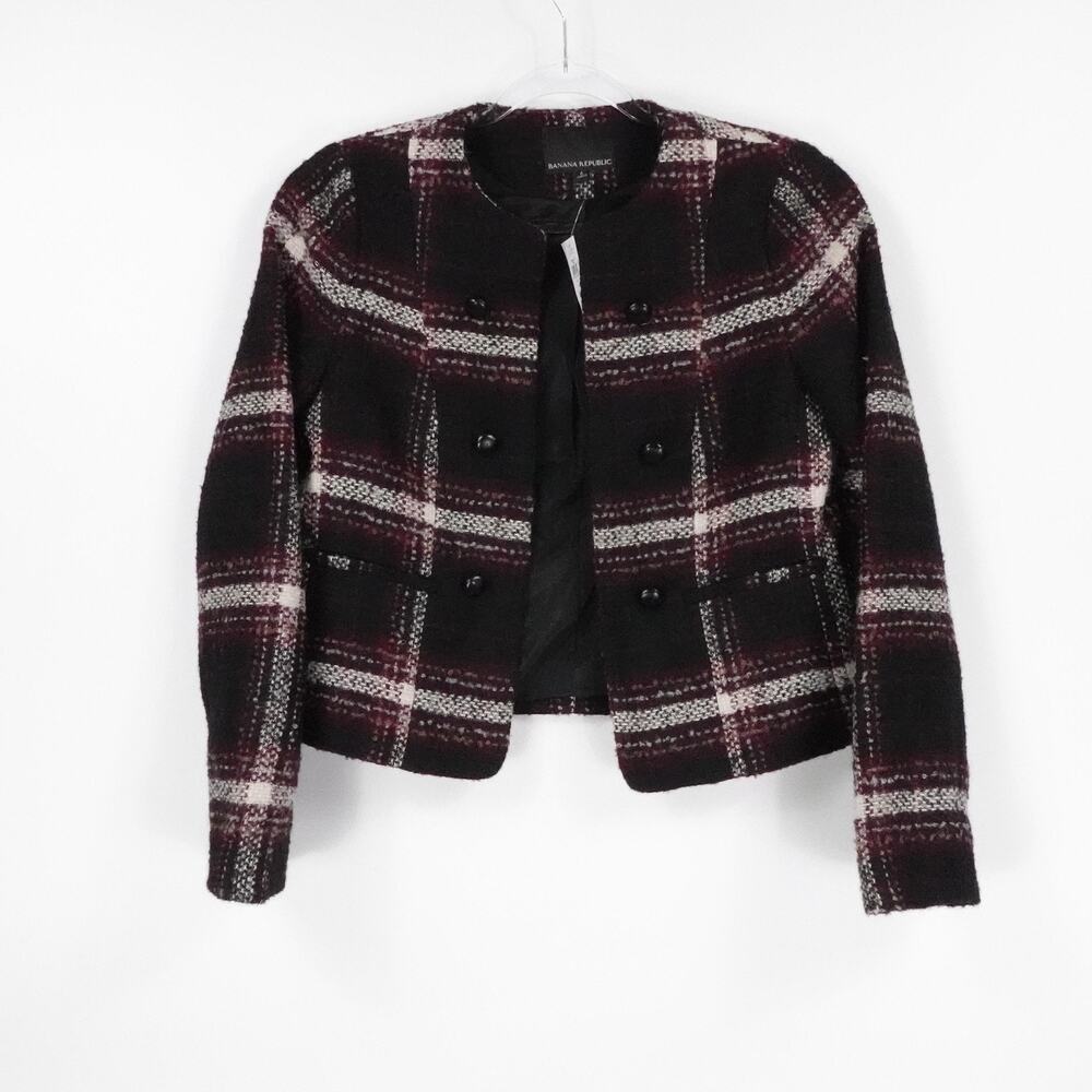 Banana Republic Jacket Women 6 Black Plaid Wool Blend Office Dark‎ Academia